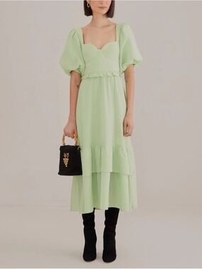 Farm Rio Mint Green Puff Sleeve Tiered Dress Cottagecore Boho Summer Romance